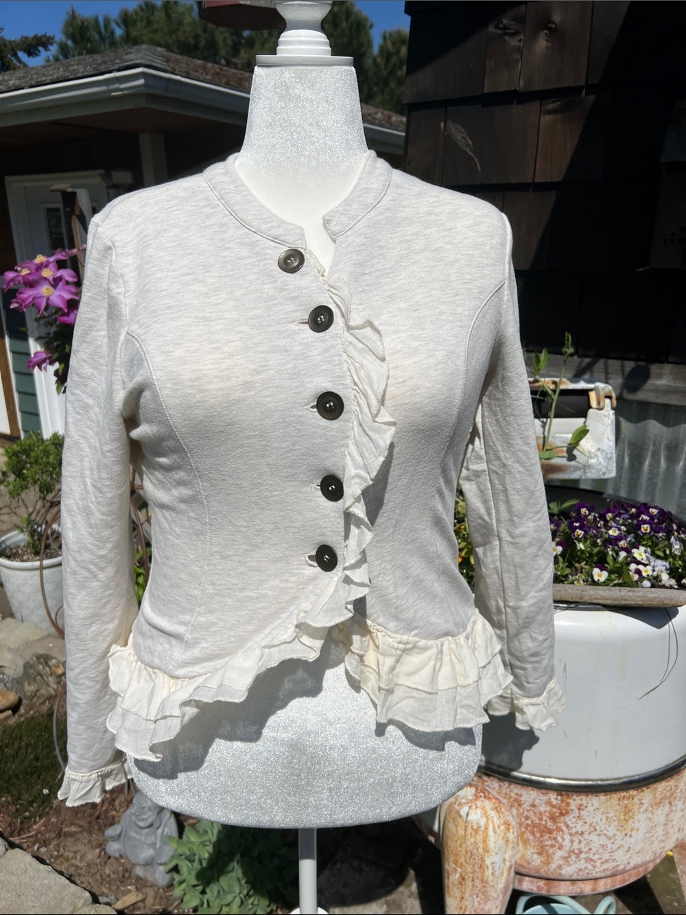 Eyeshadow Cream Ruffle-Trim Button-Up Cardigan